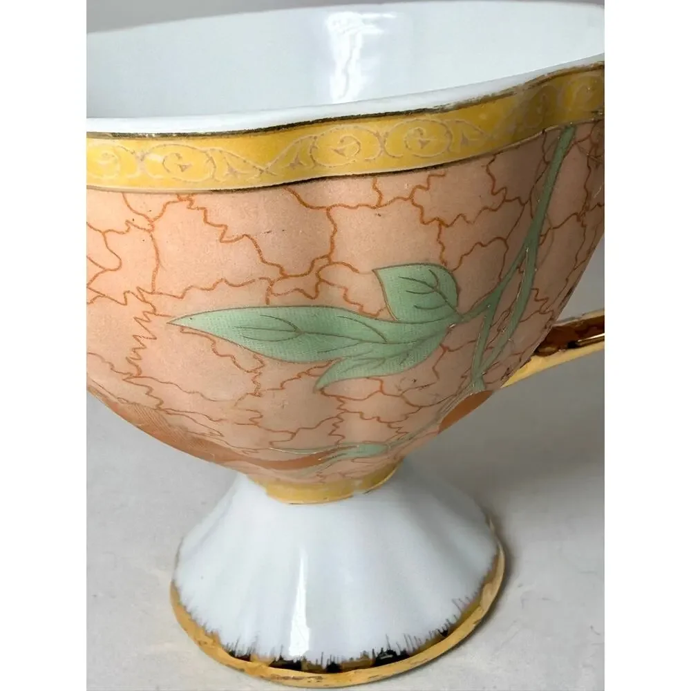Vintage Yamasen Japan 24K Gold Plated Peach Floral Porcelain Tea Cup & Saucer